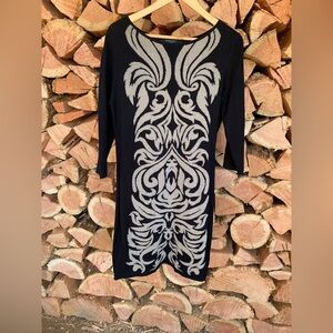 Women’s Medium Black and Cream Patterned Thick Stretchy Midi Dress Office Career